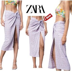 Zara purple blue plaid check front high slit twist knot midi pencil skirt S NWT